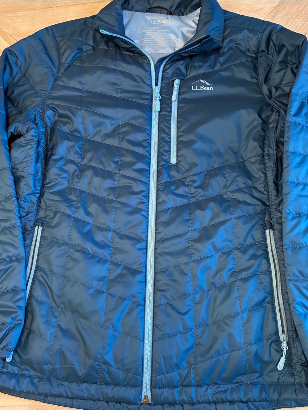 L.L. Bean Navy Quilted Puffer Jacket with Light Blue Accents